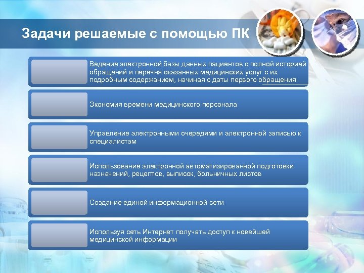 Задачи решаемые с помощью ПК Ведение электронной базы данных пациентов с полной историей обращений