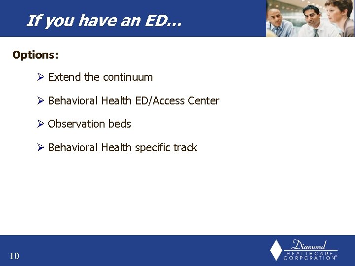 If you have an ED… Options: Ø Extend the continuum Ø Behavioral Health ED/Access
