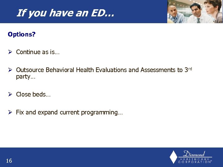 If you have an ED… Options? Ø Continue as is… Ø Outsource Behavioral Health