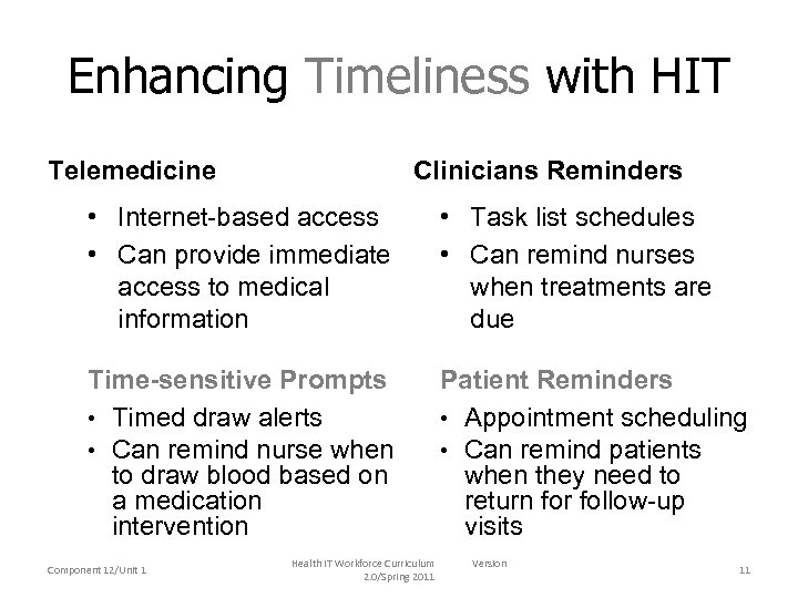 Enhancing Timeliness with HIT Telemedicine Clinicians Reminders • Internet-based access • Can provide immediate