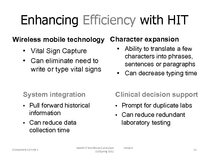 Enhancing Efficiency with HIT Wireless mobile technology Character expansion • Vital Sign Capture •