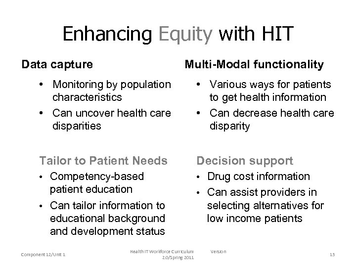 Enhancing Equity with HIT Data capture Multi-Modal functionality • Monitoring by population characteristics •