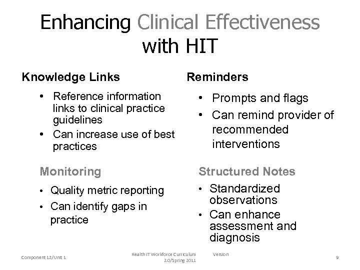 Enhancing Clinical Effectiveness with HIT Knowledge Links Reminders • Reference information links to clinical