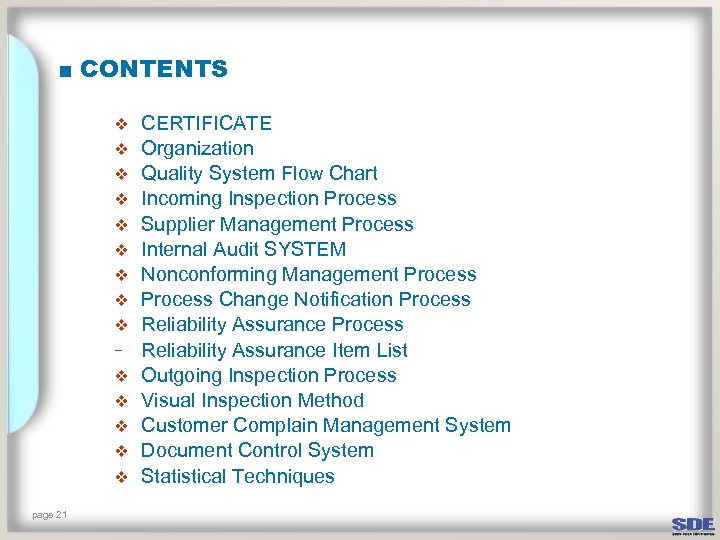 ■ CONTENTS v v v v page 21 CERTIFICATE Organization Quality System Flow Chart