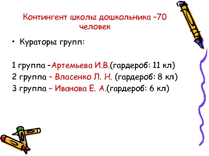 Контингент школы дошкольника – 70 человек • Кураторы групп: 1 группа –Артемьева И. В.