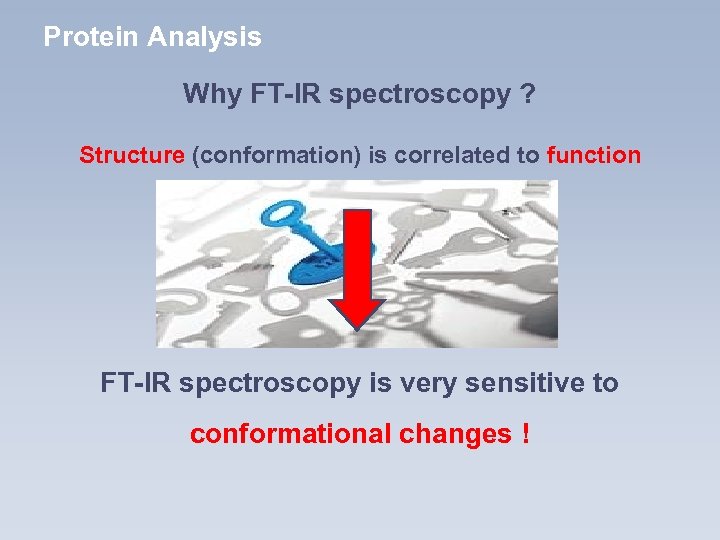 Protein Analysis Why FT-IR spectroscopy ? Structure (conformation) is correlated to function FT-IR spectroscopy