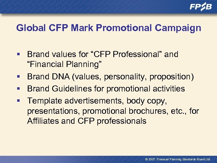 Global CFP Mark Promotional Campaign § Brand values for “CFP Professional” and “Financial Planning”