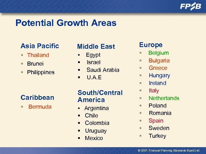 Potential Growth Areas Asia Pacific Middle East § Thailand § Brunei § Philippines §