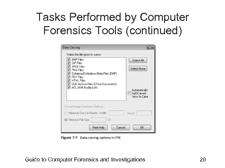 Tasks Performed by Computer Forensics Tools (continued) Guide to Computer Forensics and Investigations 20