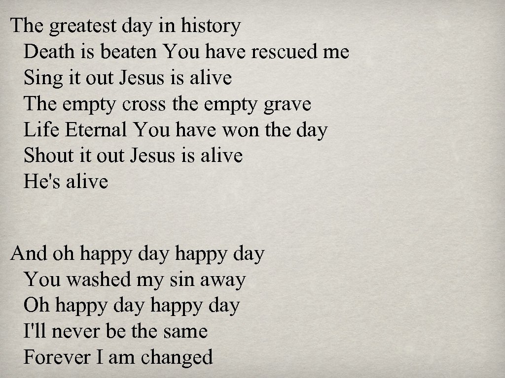 The greatest day in history Death is beaten You have rescued me Sing it