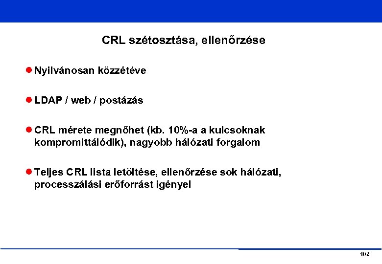 CRL szétosztása, ellenőrzése Nyilvánosan közzétéve LDAP / web / postázás CRL mérete megnőhet (kb.