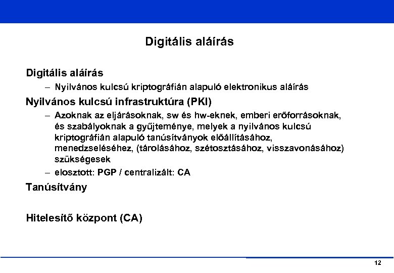 Digitális aláírás – Nyilvános kulcsú kriptográfián alapuló elektronikus aláírás Nyilvános kulcsú infrastruktúra (PKI) –