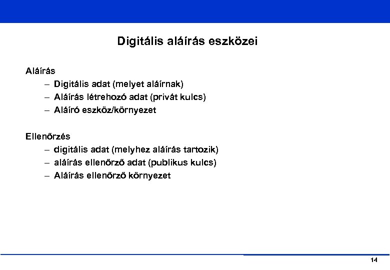 Digitális aláírás eszközei Aláírás – Digitális adat (melyet aláírnak) – Aláírás létrehozó adat (privát