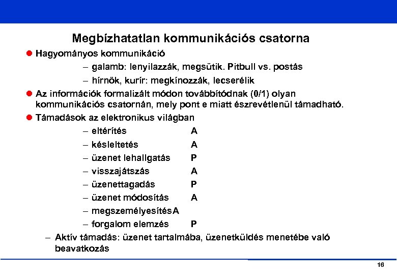 Megbízhatatlan kommunikációs csatorna Hagyományos kommunikáció – galamb: lenyilazzák, megsütik. Pitbull vs. postás – hírnök,