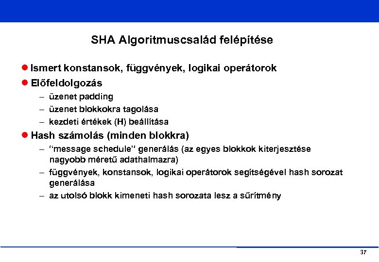 SHA Algoritmuscsalád felépítése Ismert konstansok, függvények, logikai operátorok Előfeldolgozás – üzenet padding – üzenet