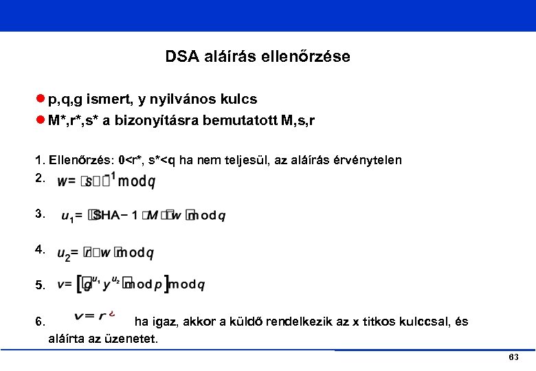 DSA aláírás ellenőrzése p, q, g ismert, y nyilvános kulcs M*, r*, s* a