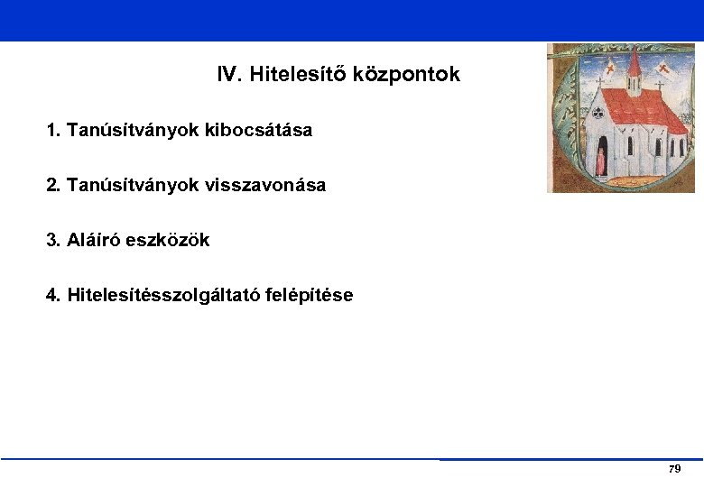 IV. Hitelesítő központok 1. Tanúsítványok kibocsátása 2. Tanúsítványok visszavonása 3. Aláíró eszközök 4. Hitelesítésszolgáltató