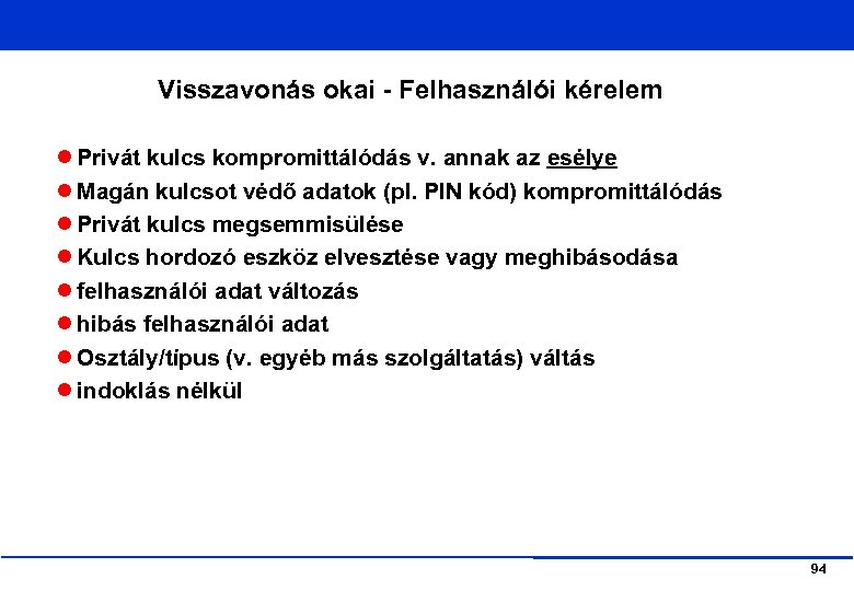 Visszavonás okai - Felhasználói kérelem Privát kulcs kompromittálódás v. annak az esélye Magán kulcsot