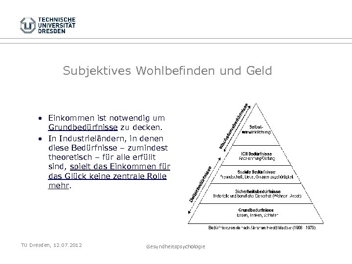 Subjektives Wohlbefinden und Geld • Einkommen ist notwendig um Grundbedürfnisse zu decken. • In