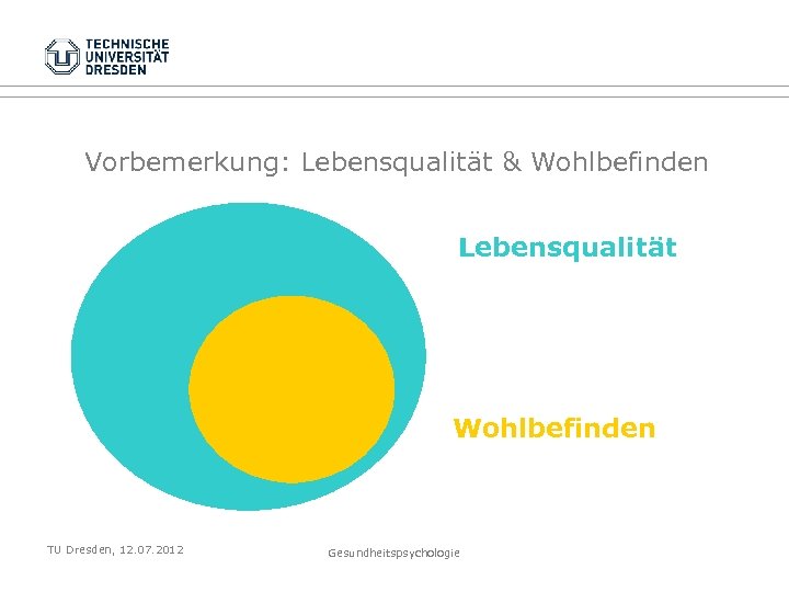 Vorbemerkung: Lebensqualität & Wohlbefinden Lebensqualität Wohlbefinden TU Dresden, 12. 07. 2012 Gesundheitspsychologie 