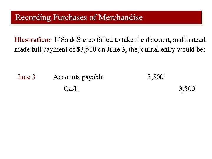 Recording Purchases of Merchandise Illustration: If Sauk Stereo failed to take the discount, and