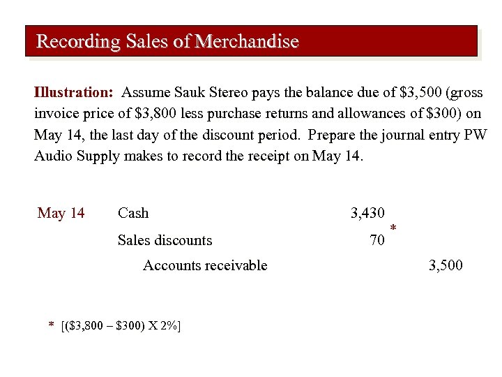 Recording Sales of Merchandise Illustration: Assume Sauk Stereo pays the balance due of $3,