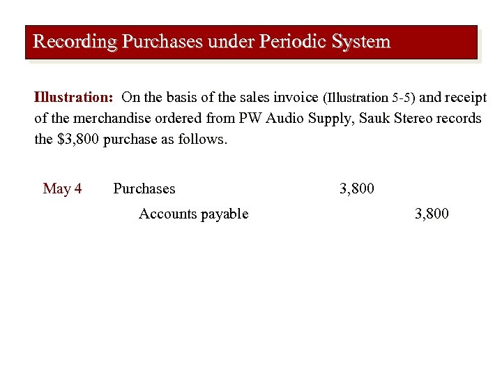 Recording Purchases under Periodic System Illustration: On the basis of the sales invoice (Illustration