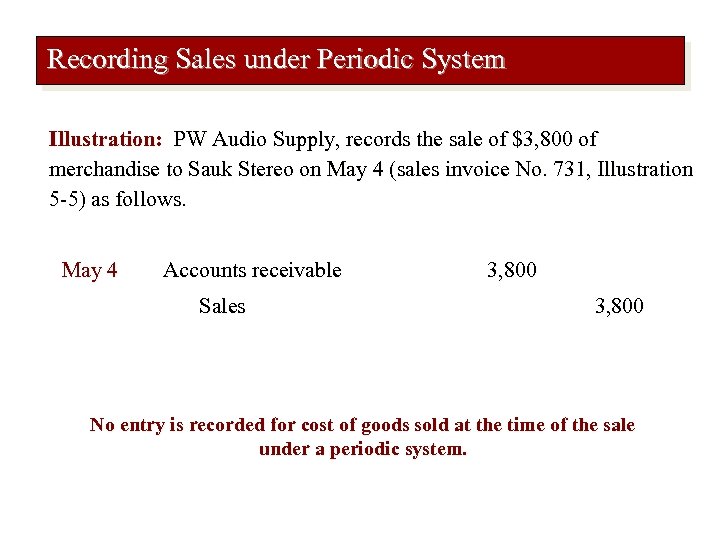 Recording Sales under Periodic System Illustration: PW Audio Supply, records the sale of $3,