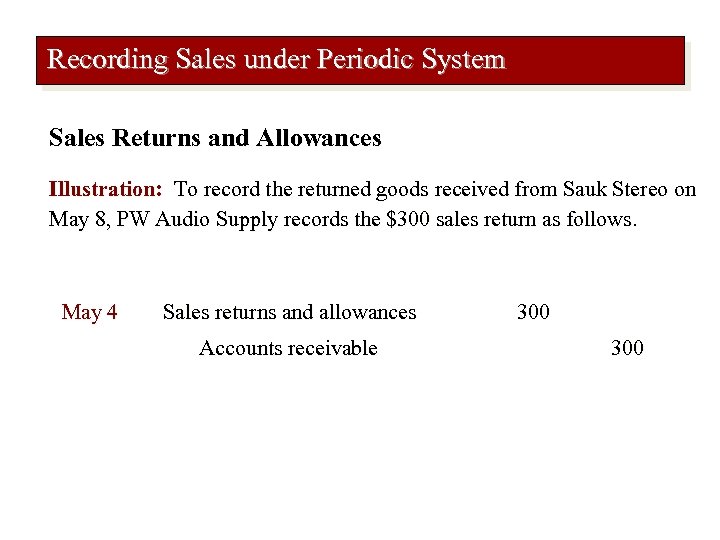 Recording Sales under Periodic System Sales Returns and Allowances Illustration: To record the returned