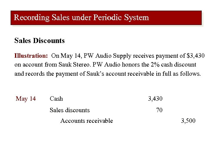 Recording Sales under Periodic System Sales Discounts Illustration: On May 14, PW Audio Supply