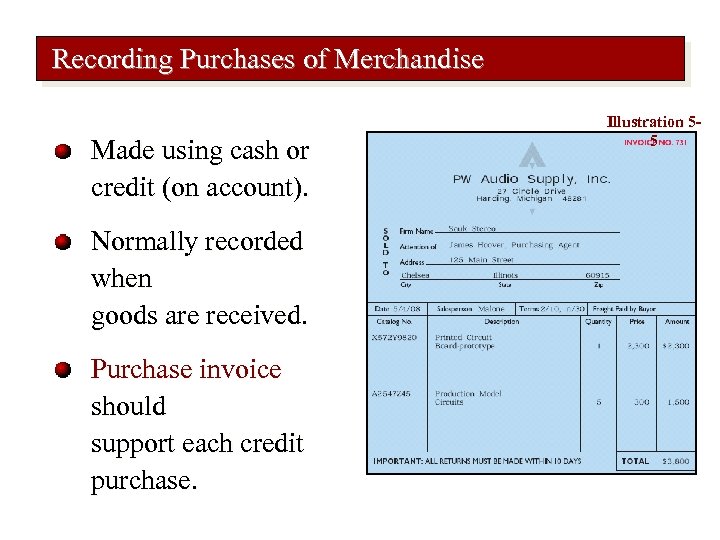 Recording Purchases of Merchandise Made using cash or credit (on account). Normally recorded when