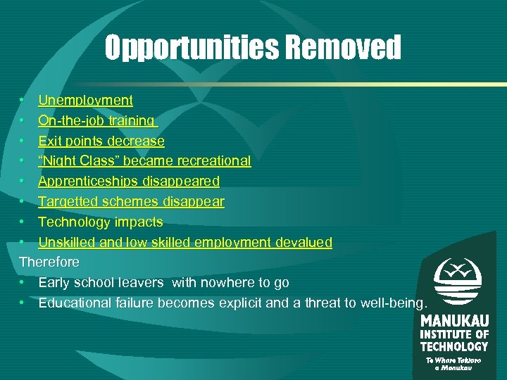 Opportunities Removed • Unemployment • On-the-job training • Exit points decrease • “Night Class”