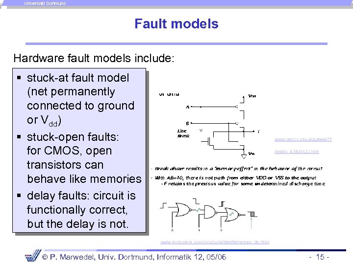 Universität Dortmund Fault models Hardware fault models include: § stuck-at fault model (net permanently