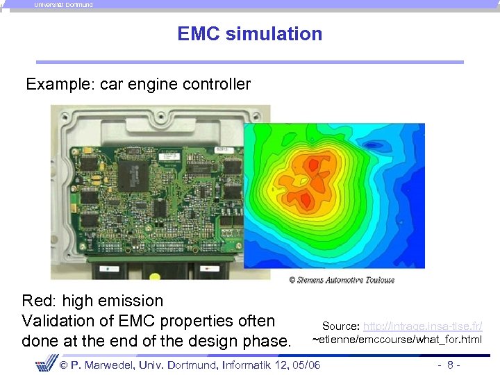 Universität Dortmund EMC simulation Example: car engine controller Red: high emission Validation of EMC