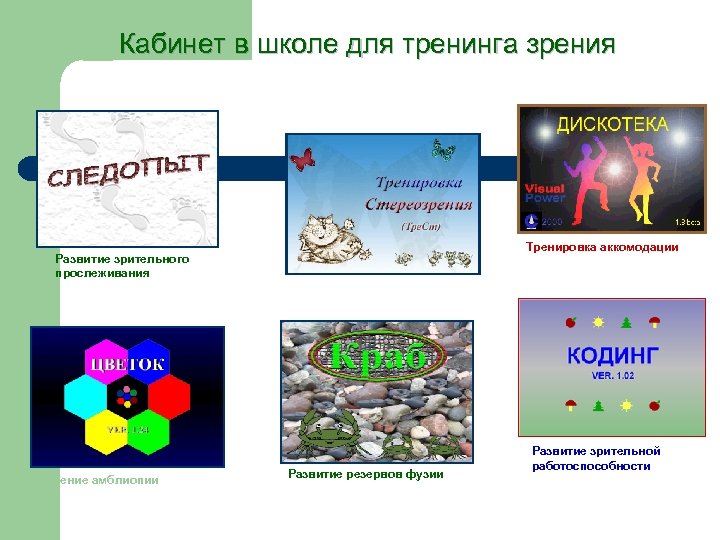 Кабинет в школе для тренинга зрения Тренировка аккомодации Развитие зрительного прослеживания Лечение амблиопии Развитие