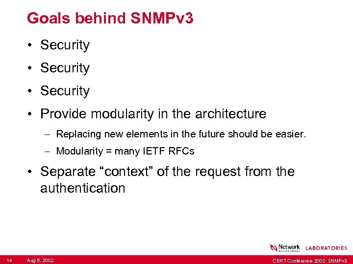 Goals behind SNMPv 3 • Security • Provide modularity in the architecture – Replacing