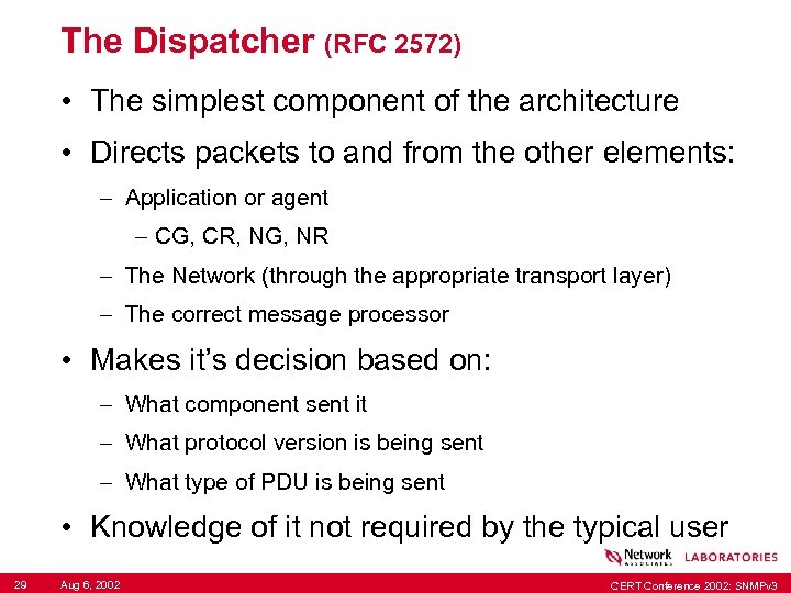 The Dispatcher (RFC 2572) • The simplest component of the architecture • Directs packets