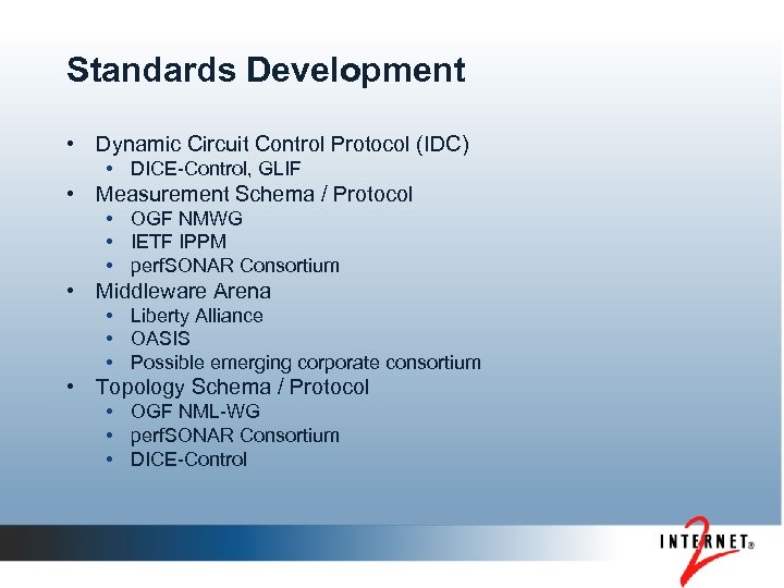Standards Development • Dynamic Circuit Control Protocol (IDC) • DICE-Control, GLIF • Measurement Schema