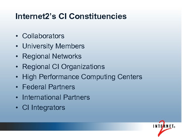 Internet 2’s CI Constituencies • • Collaborators University Members Regional Networks Regional CI Organizations