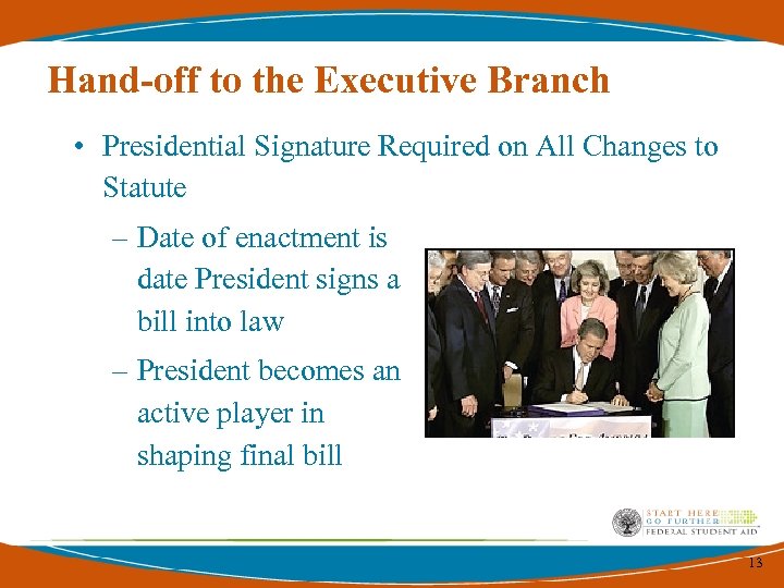 Hand-off to the Executive Branch • Presidential Signature Required on All Changes to Statute