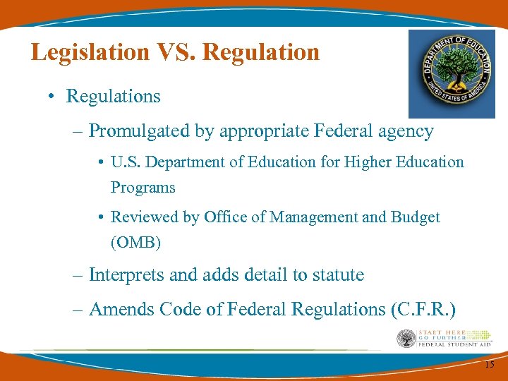 Legislation VS. Regulation • Regulations – Promulgated by appropriate Federal agency • U. S.