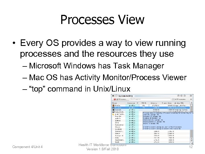Processes View • Every OS provides a way to view running processes and the