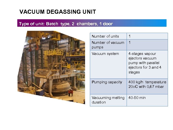 VACUUM DEGASSING UNIT Type of unit: Batch type, 2 chambers, 1 door Number of