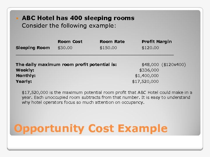  ABC Hotel has 400 sleeping rooms Consider the following example: Room Cost Room