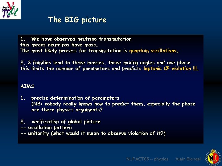 The BIG picture 1. We have observed neutrino transmutation this means neutrinos have mass.