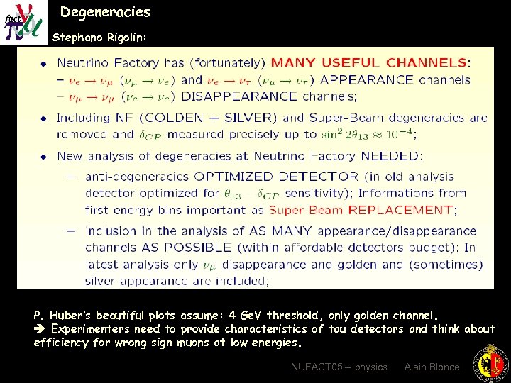Degeneracies Stephano Rigolin: P. Huber’s beautiful plots assume: 4 Ge. V threshold, only golden