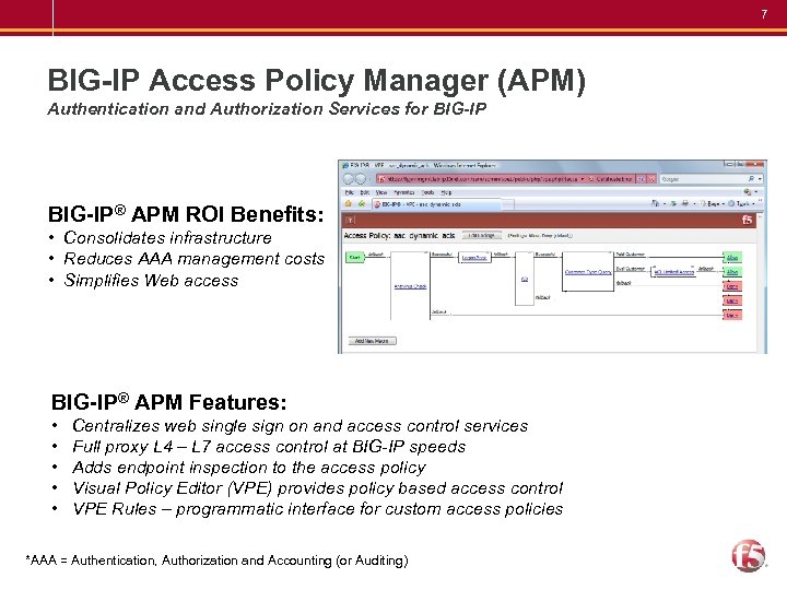 7 BIG-IP Access Policy Manager (APM) Authentication and Authorization Services for BIG-IP® APM ROI