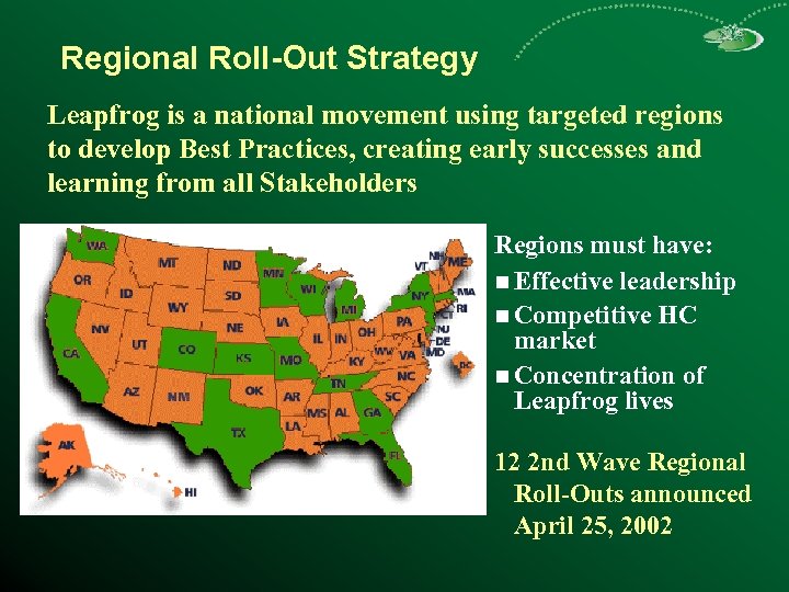 Regional Roll-Out Strategy Leapfrog is a national movement using targeted regions to develop Best