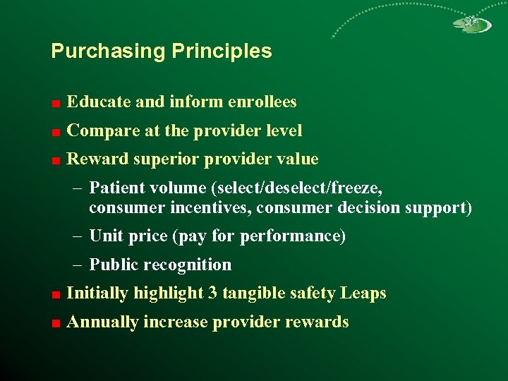 Purchasing Principles Educate and inform enrollees Compare at the provider level Reward superior provider