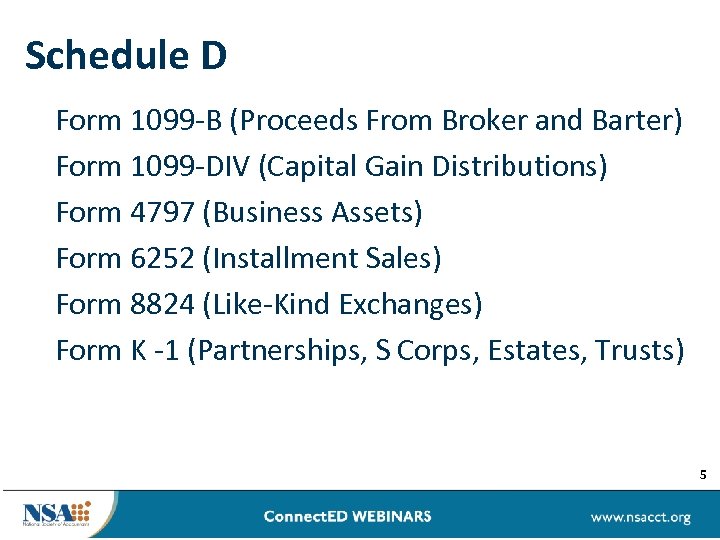 Schedule D Form 1099 -B (Proceeds From Broker and Barter) Form 1099 -DIV (Capital